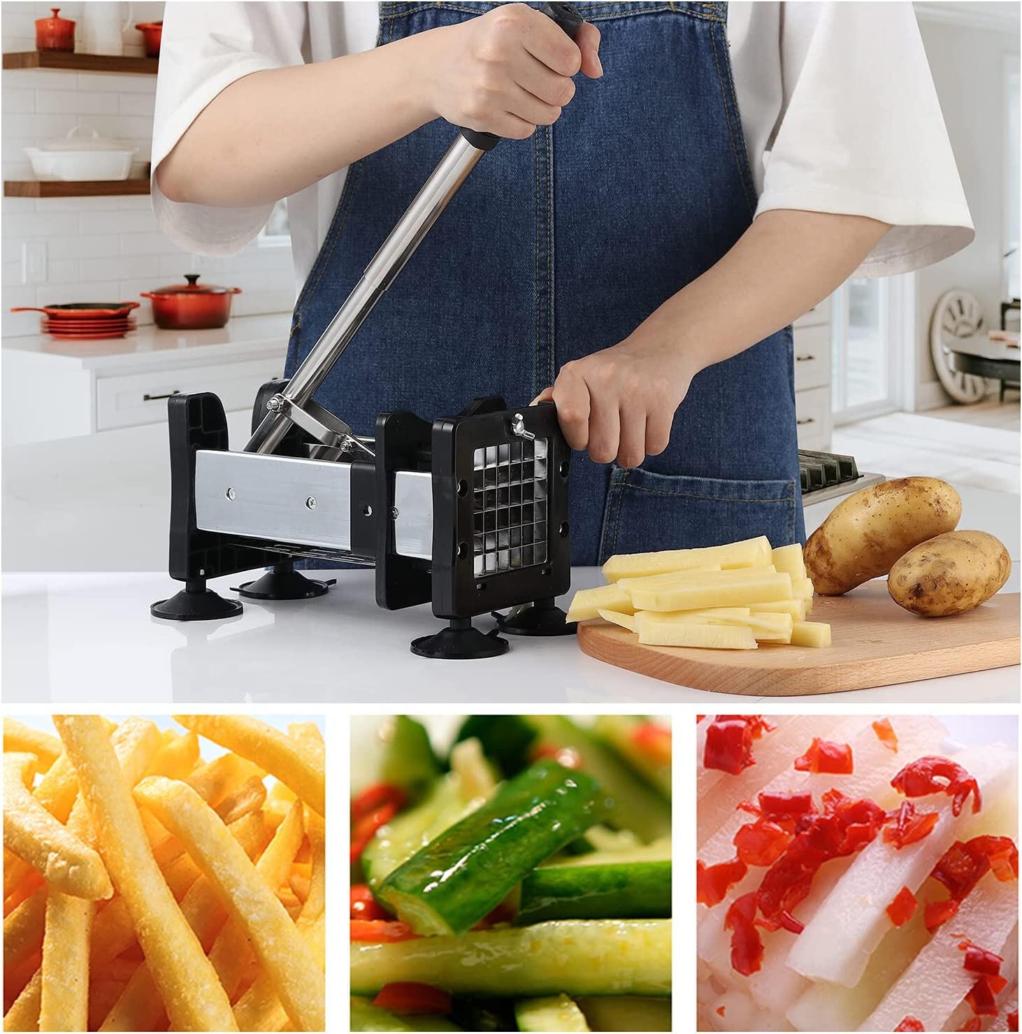 French Fry Cutter Potato Cutter Slicer Stainless Steel with 2 Interchangeable