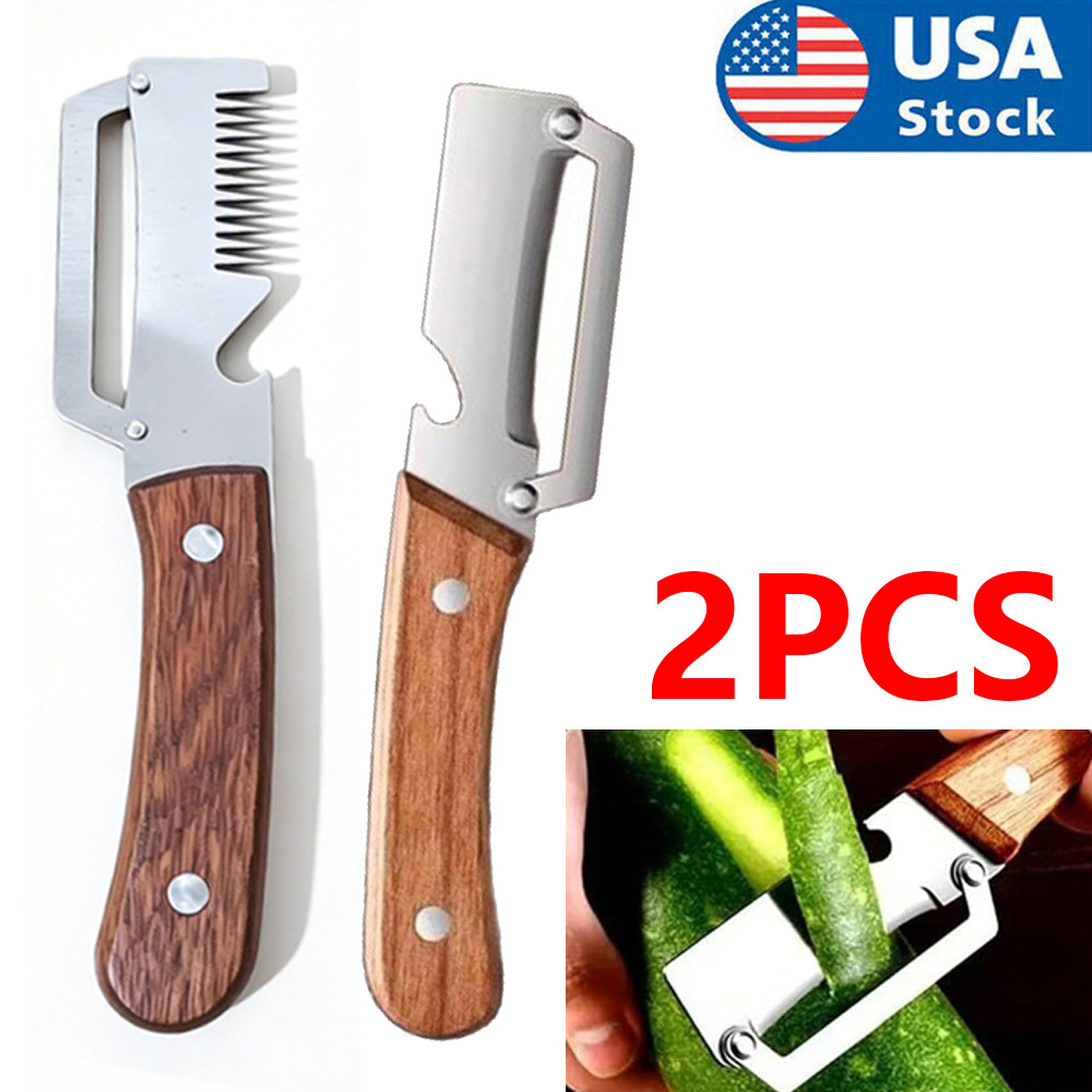 2 PCS 3-in-1 Multi functional Bottle Opener Vegetable Peeler with Wooden Handle