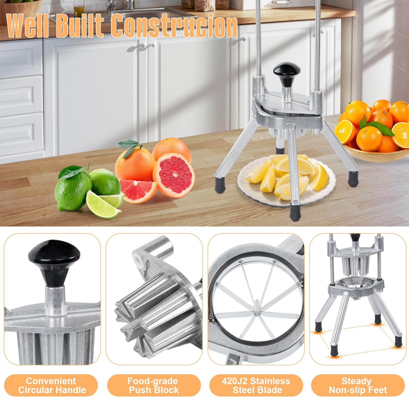 BotaBay Commercial Lemon Cutter, 4/6/8Section Stainless Steel Fruit Slicer wi…
