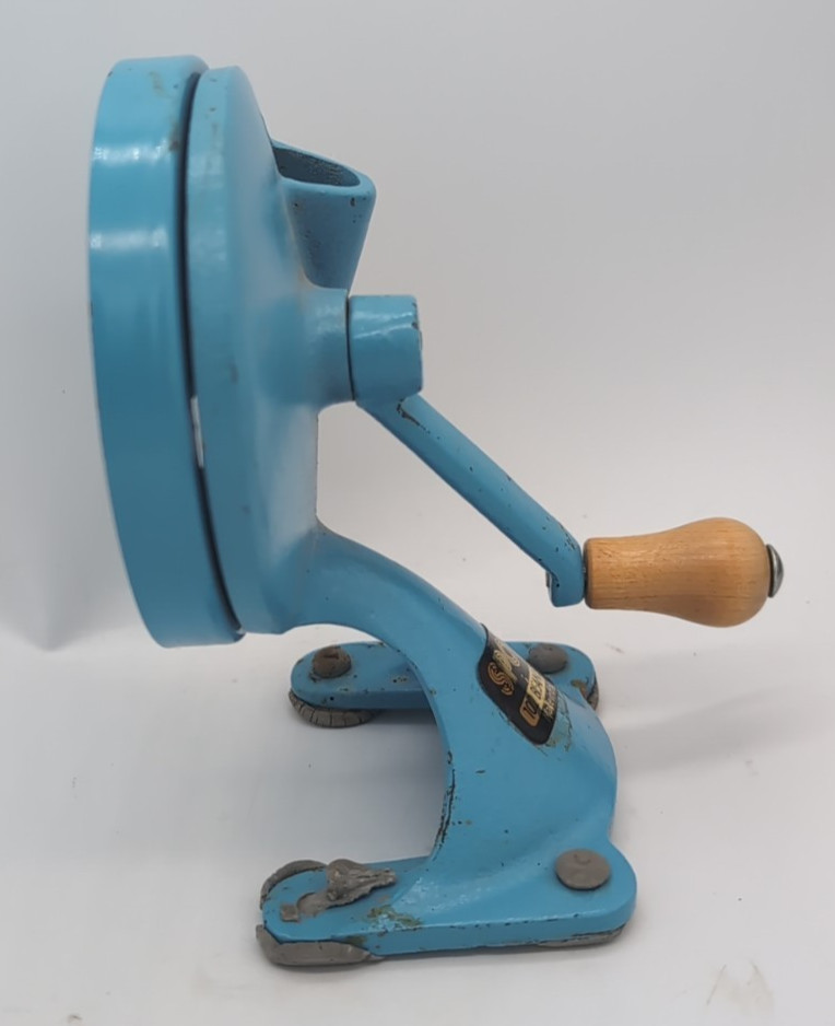 VTG Spong & Co. Bean Slicer No 102 Made in England Wooden Handle Blue Cast Iron
