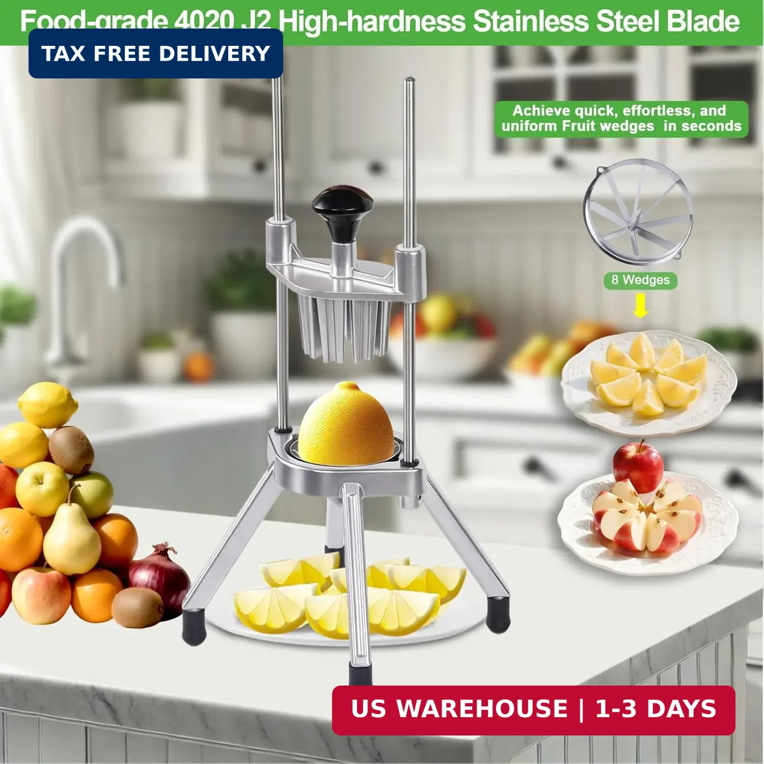 Commercial Lemon Cutter 8-Section with V-Shaped 420 Stainless Steel Blades，Easy