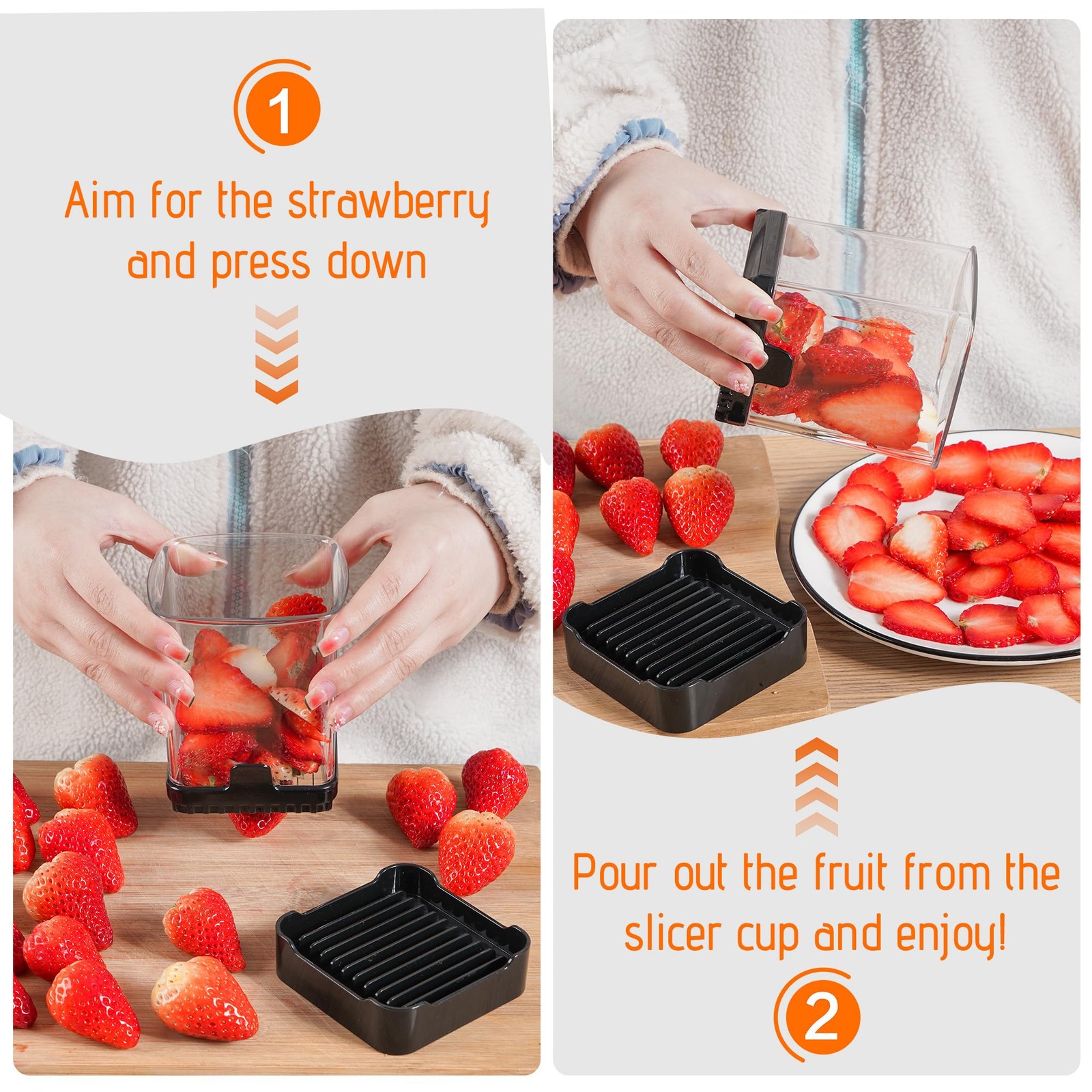 Kitchen Fruit Slicer Cup, Strawberry Banana Grape Egg Cutter with Push Plate