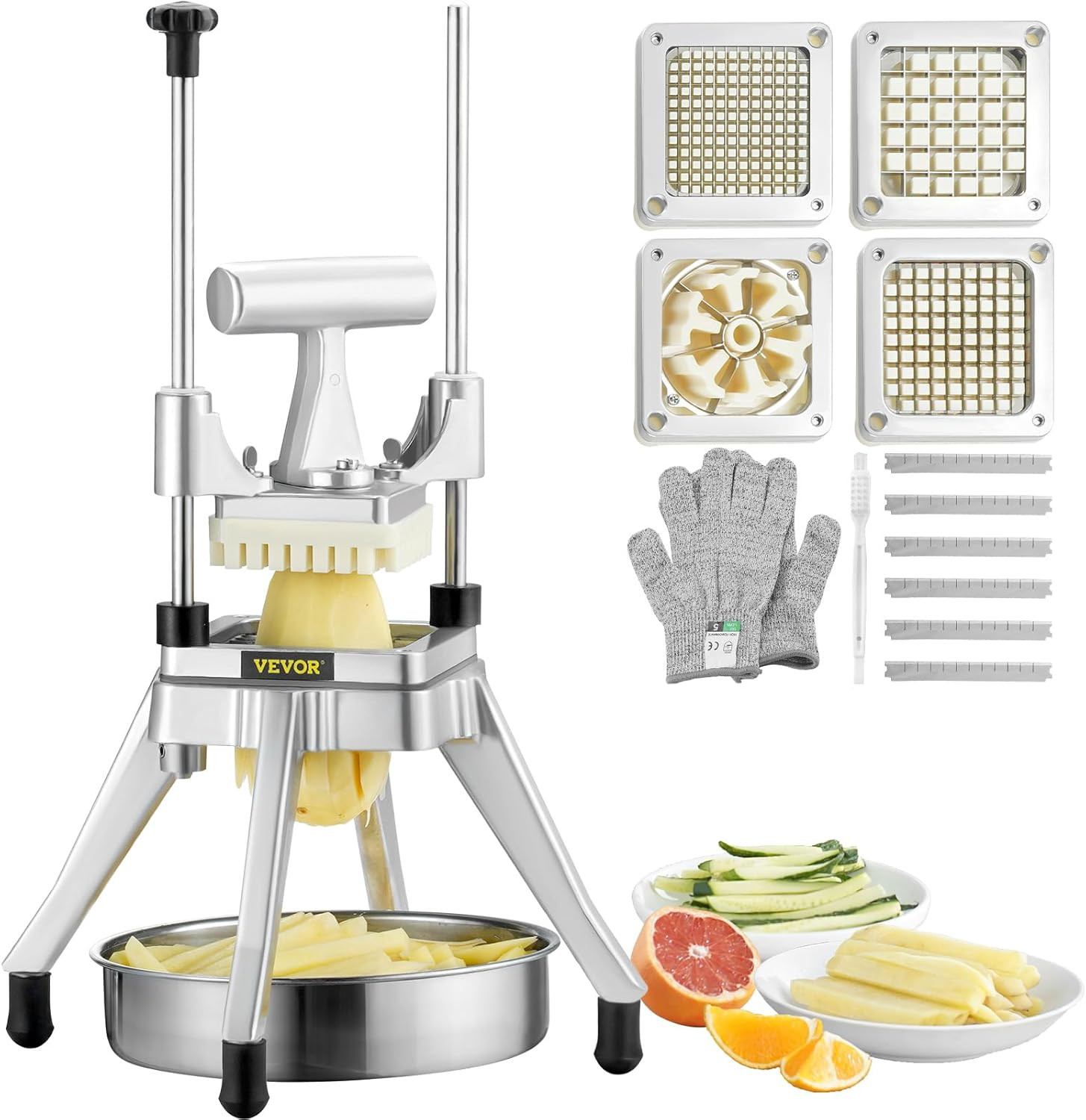 Commercial Vegetable Fruit Chopper, Stainless Steel French Fry Cutter W/ 4 Blade