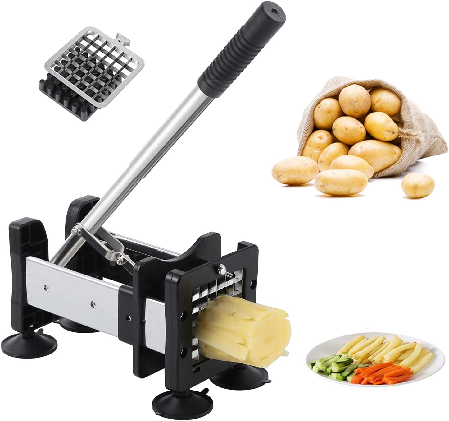 French Fry Cutter Potato Cutter Slicer Stainless Steel with 2 Interchangeable