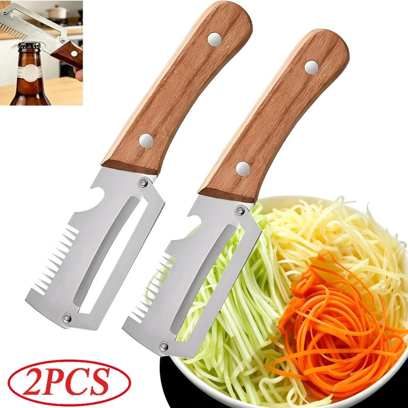 2 PCS 3-in-1 Multifunctional Vegetable Peeler with Wooden Handle,Julienne Slicer