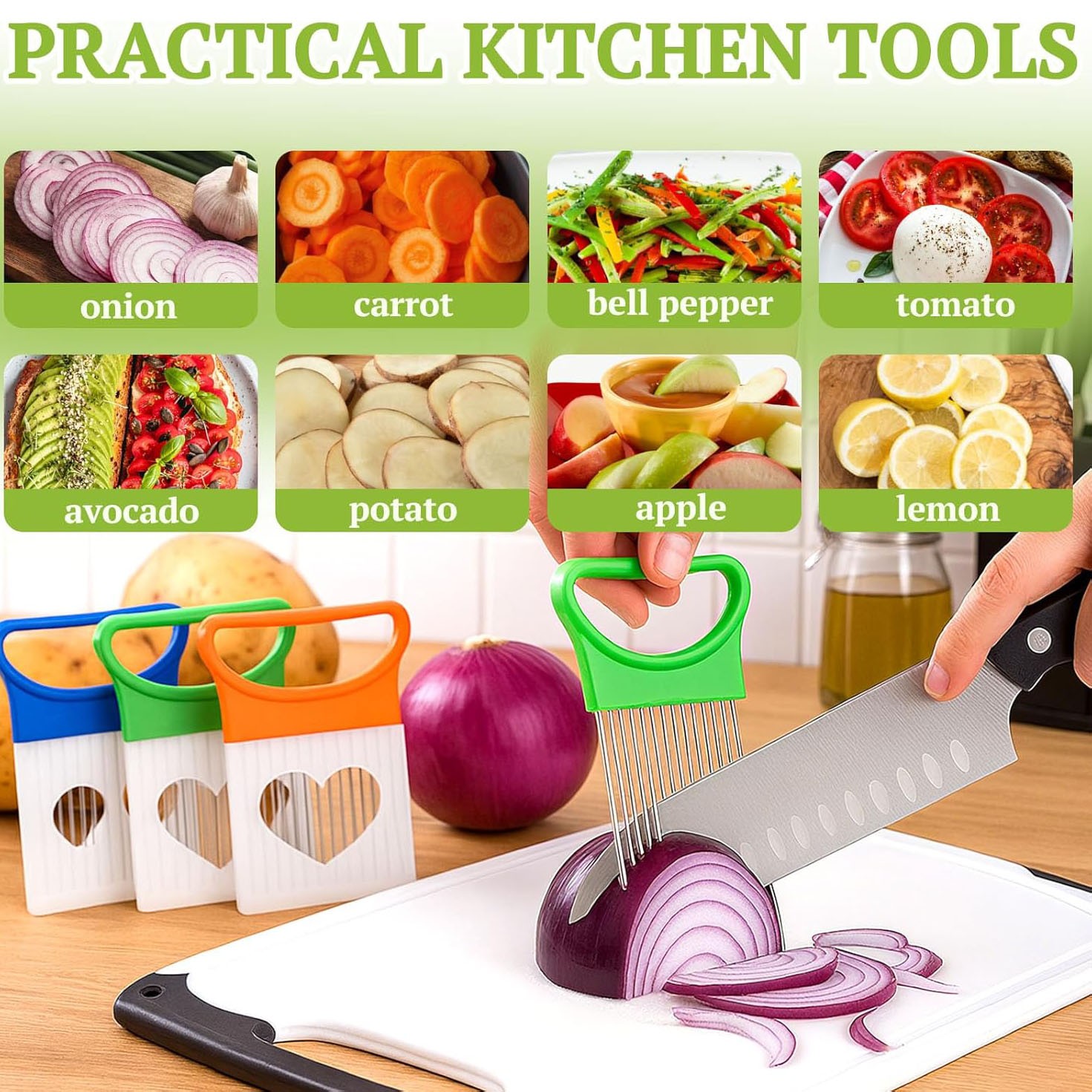 2PCS Stainless Steel Onion Slicer Holder & Vegetable Chopper Cutter Kitchen Tool