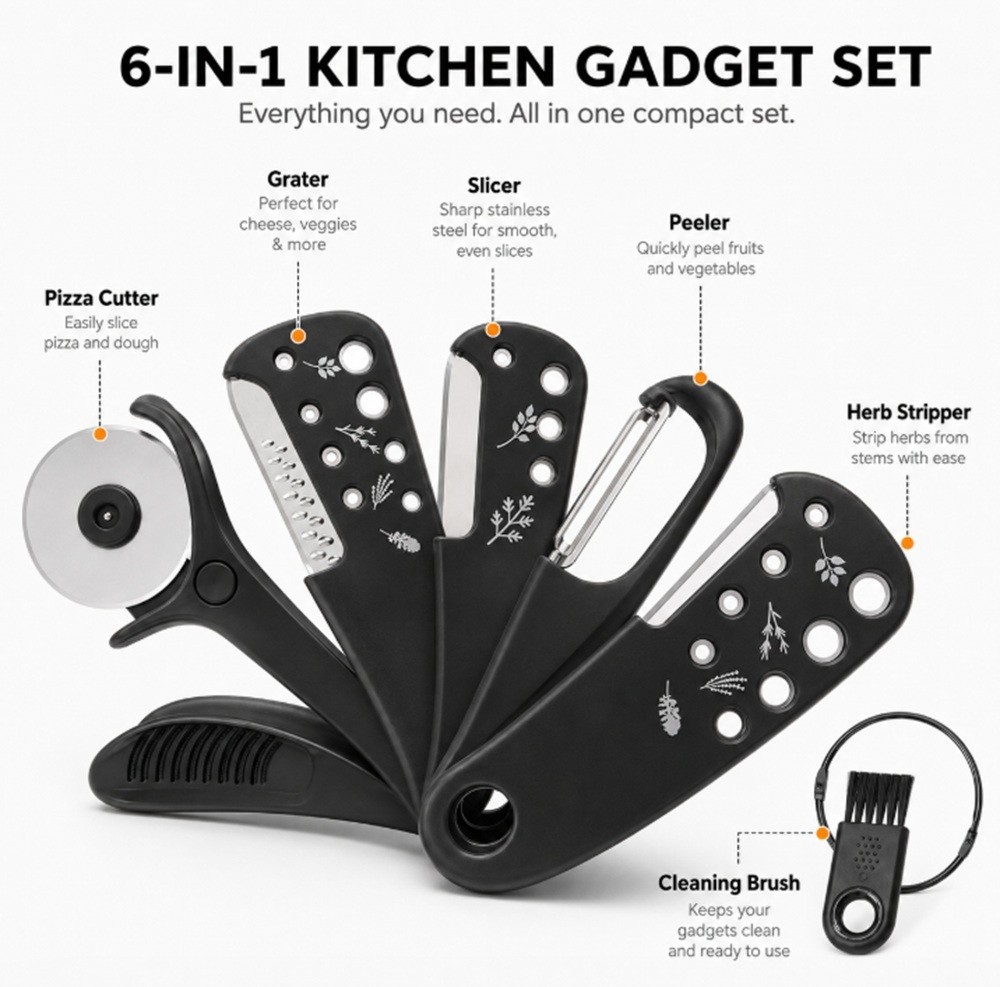 6 Ps Kitchen Gadgets Set, Space-Saving Tool-Cheese Grater, Bottle Opener, Peeler