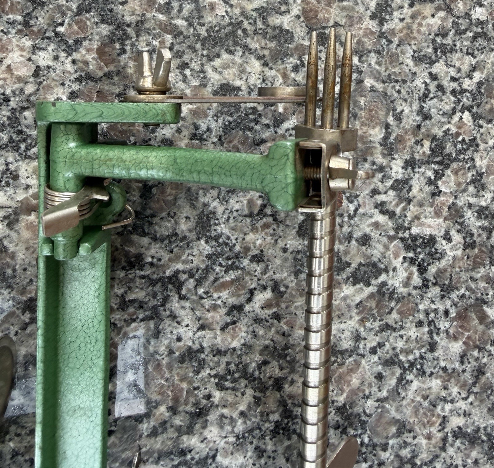vintage hand crank green cast iron apple parer, corer, and slicer wooden handle