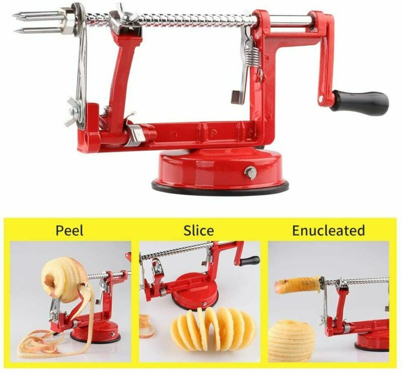 Apple Peeler Fruit Slicer Corer with Stainless Steel Blades and Suction Base Red