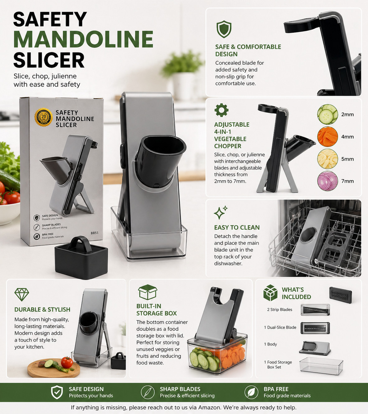 4-in-1 Adjustable Mandoline Slicer – Stainless Steel Vegetable Cutter & Safe Foo