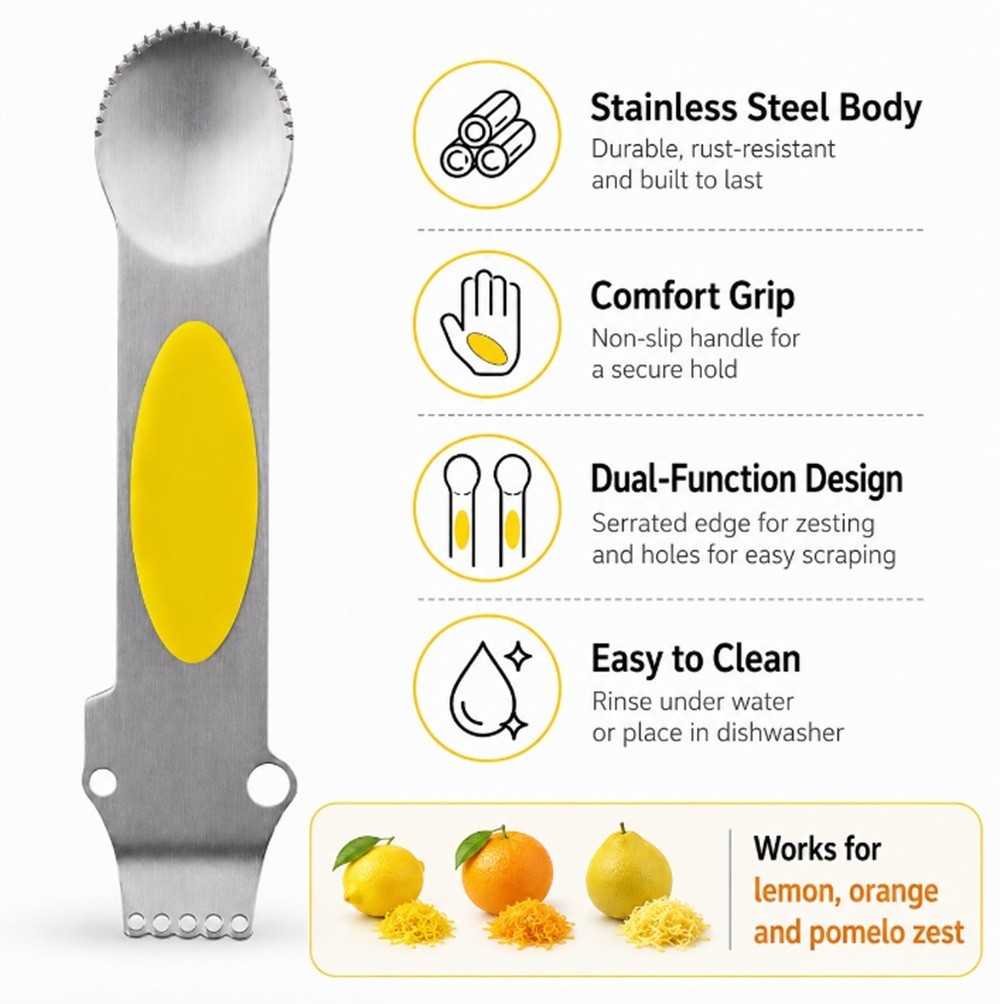 3-in-1 Lemon Zester Grater – Stainless Steel Citrus Peeler, Kitchen Tool w Knife