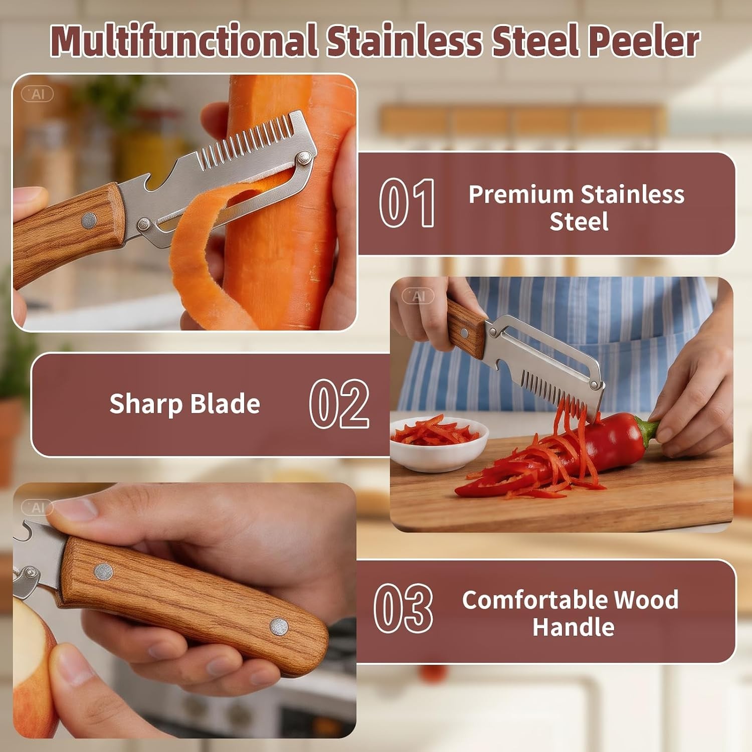 2Pcs Vegetable Peeler 3 in 1 Multi-Functional for Kitchen Stainless Steel Peeler