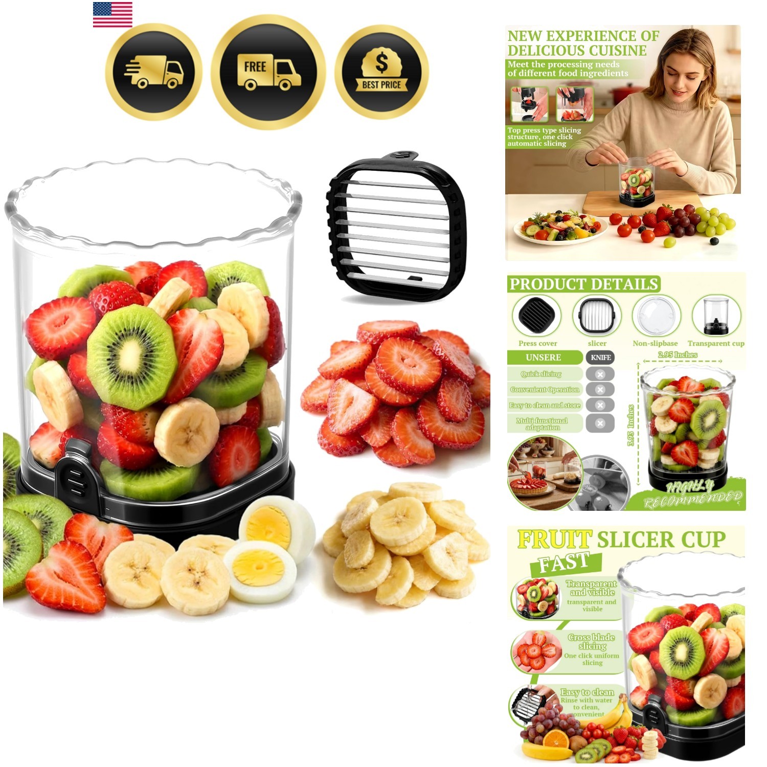 Strawberry Slicer, Black, 1-Pack | Stainless Steel Blades, Egg & Fruit Slicer…