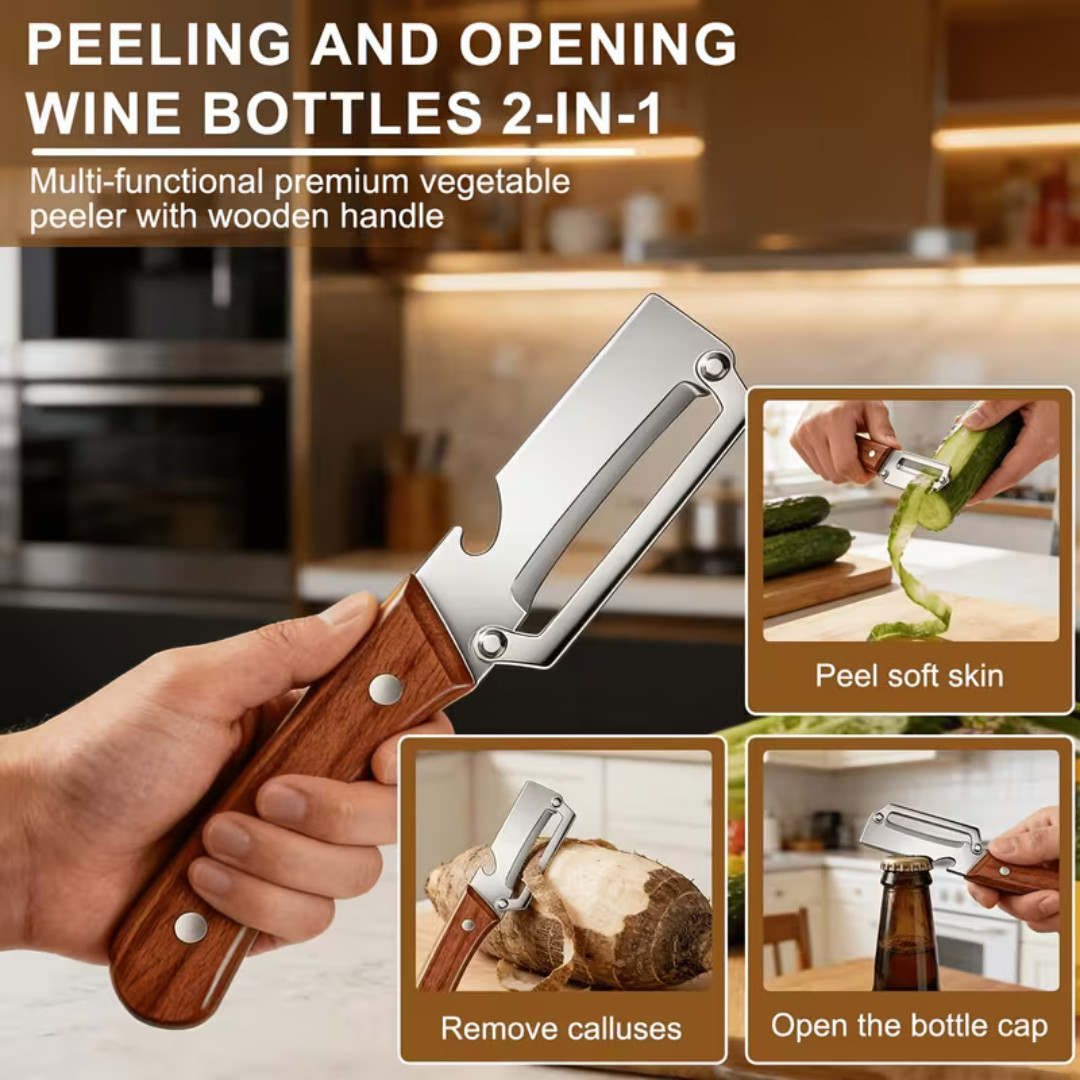 2PCS 3-in-1 Multifunctional Vegetable Peeler With Wooden Handle,Julienne Slicer