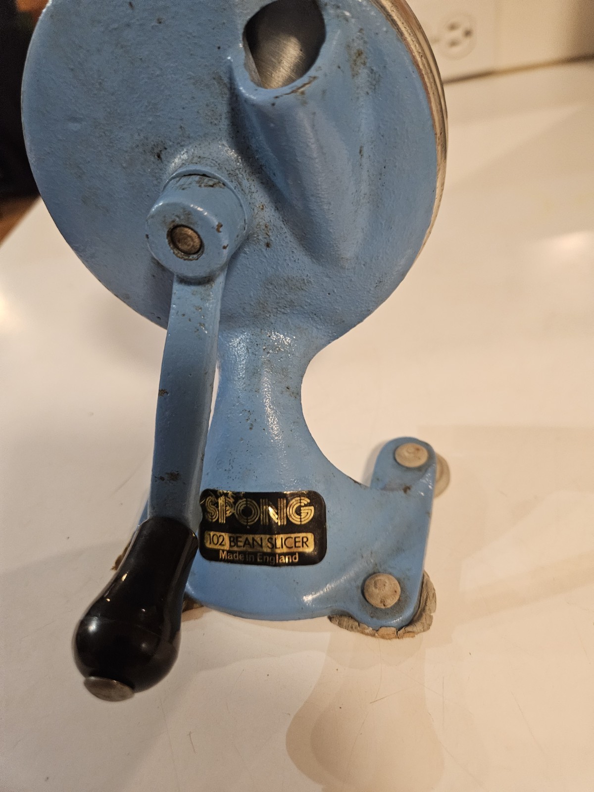 VTG Spong & Co. Bean Slicer No 102 Made in England Wooden Handle Blue Cast Iron
