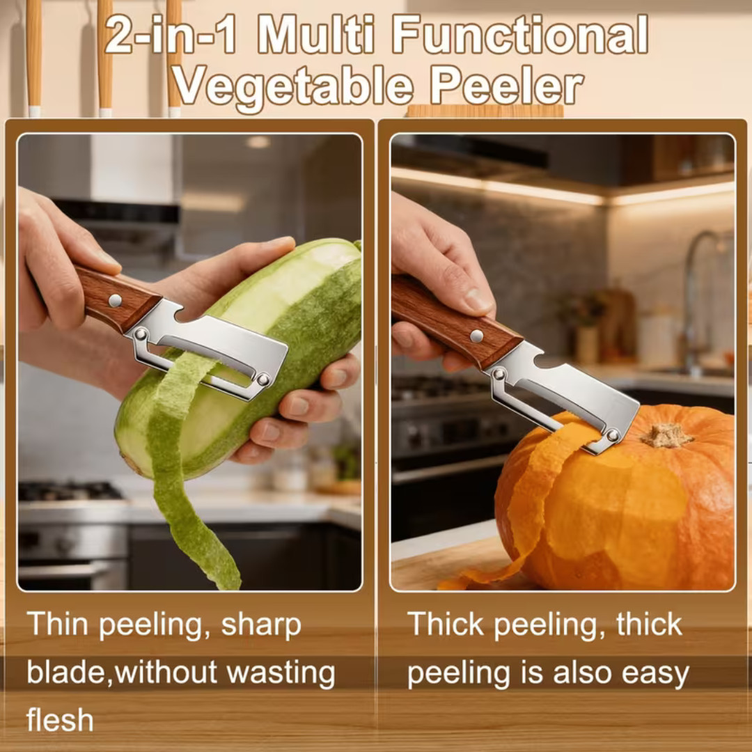2PCS 3-in-1 Multifunctional Vegetable Peeler With Wooden Handle,Julienne Slicer