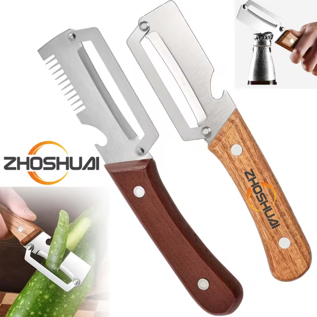 2PCS 3-in-1 Multifunctional Vegetable Peeler With Wooden Handle,Julienne Slicer