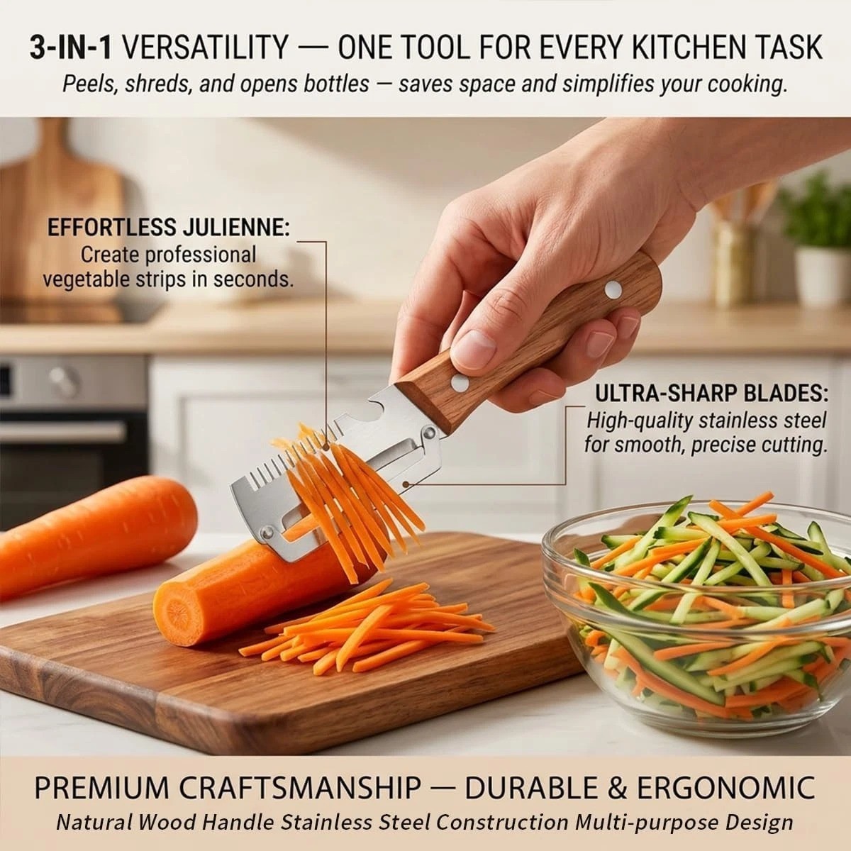 2 PCS 3-in-1 Multifunctional Vegetable Peeler with Wooden Handle,Julienne Slicer