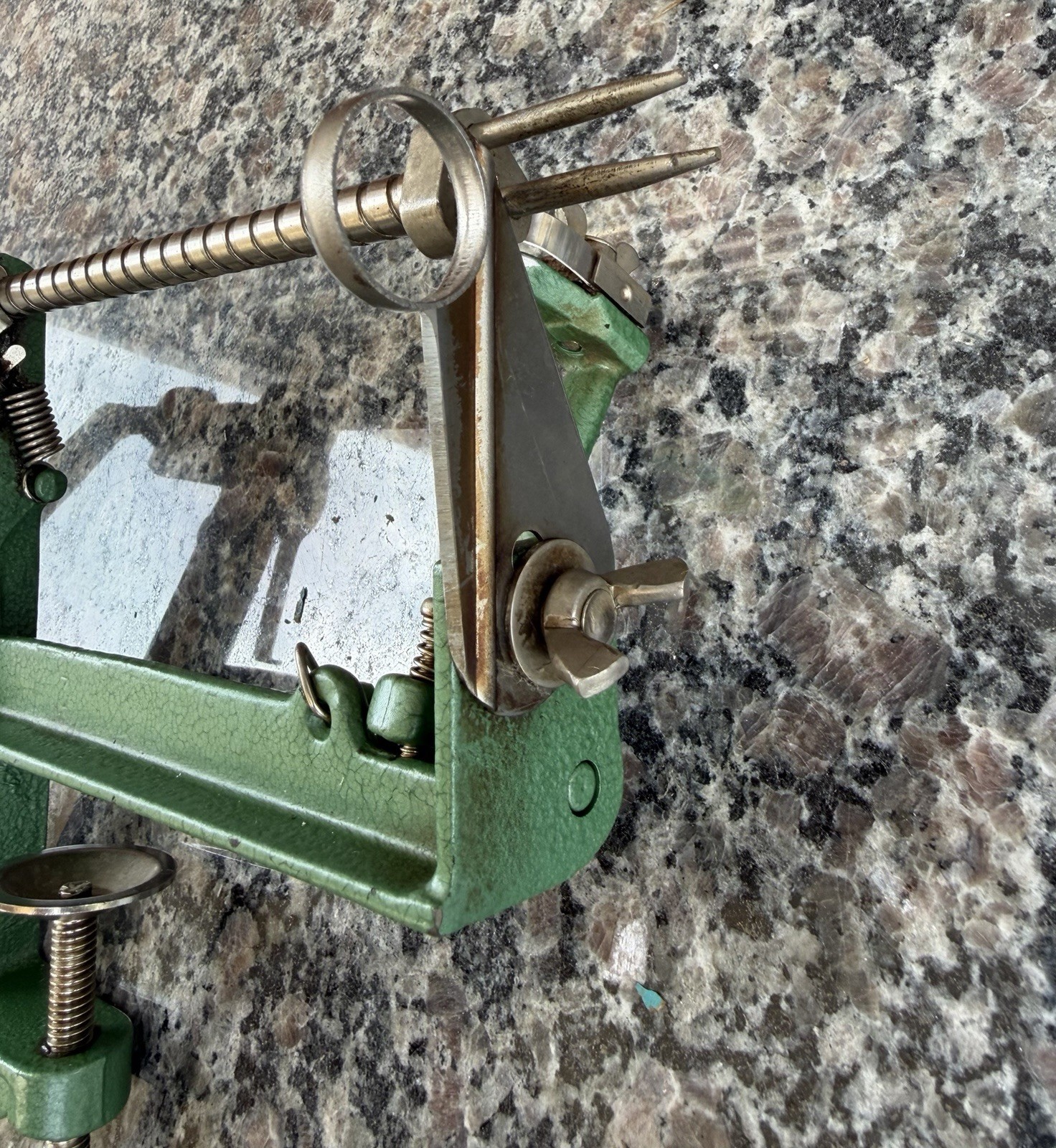 vintage hand crank green cast iron apple parer, corer, and slicer wooden handle