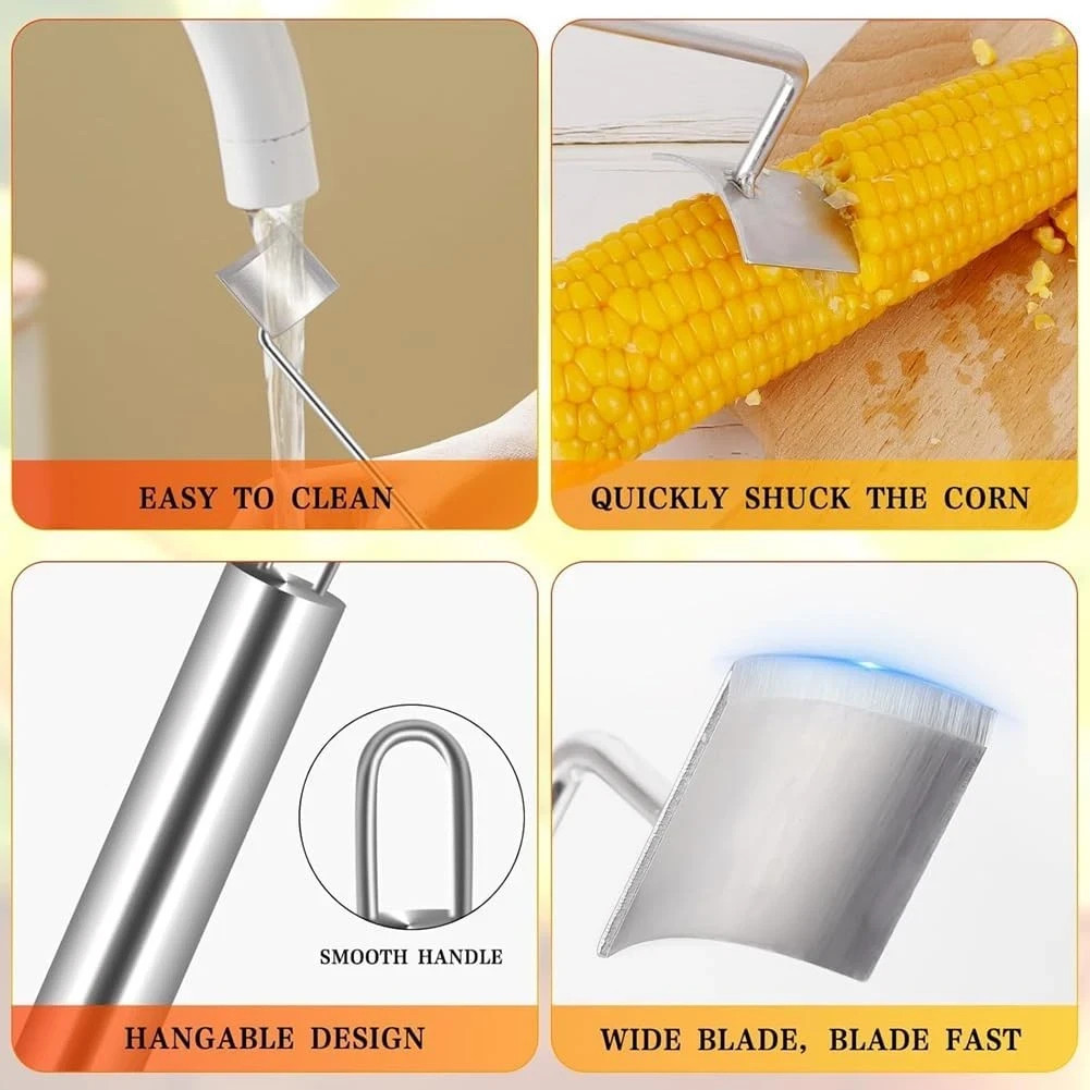 2PC Corn Peeler Stainless Steel Corn Cob Stripping Tool w/ Hook Long Handle Corn