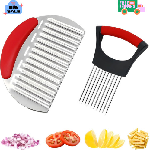 2PCS Stainless Steel Onion Slicer Holder & Vegetable Chopper Cutter Kitchen Tool