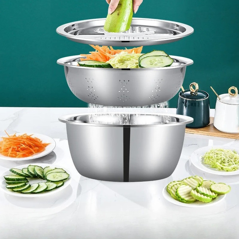 1 set 3pcs Stainless Steel Vegetable Slicer Set with Washing Basin-Drain Basket