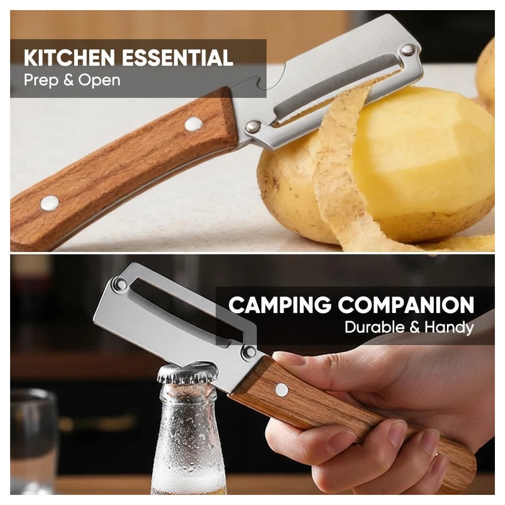 2 PCS 3-in-1 Multi functional Bottle Opener Vegetable Peeler with Wooden Handle
