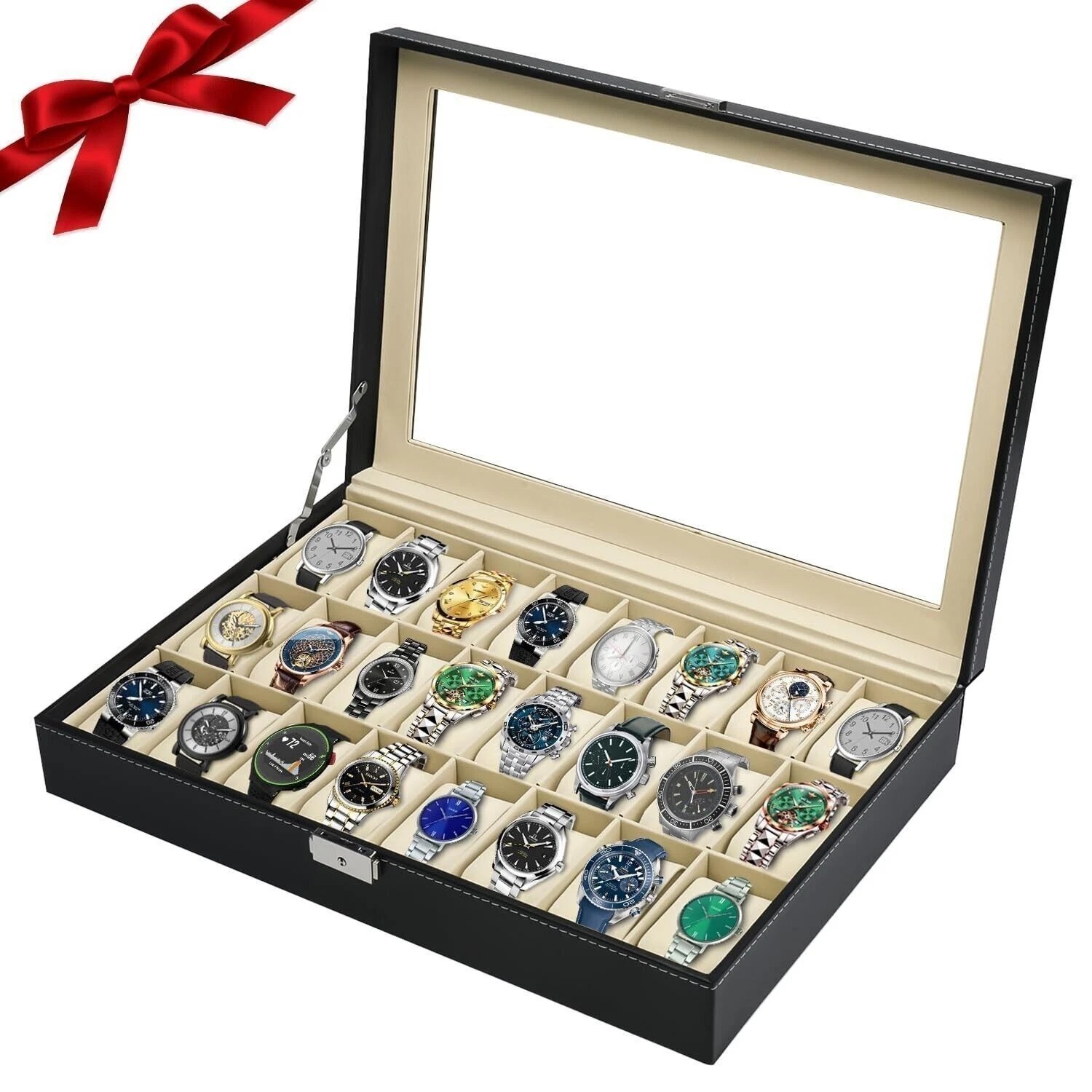 24 Slots Watch Box PU Leather Watch Case Organizer Watch Display Case Lockable A