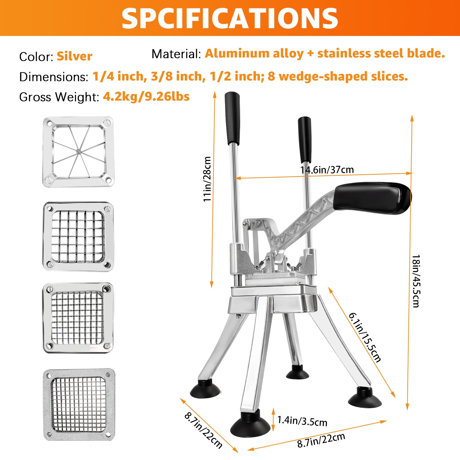 Commercial Vegetable Cutter Fruit Chopper Cutter w 4 Type Blades, Fruit Slicer