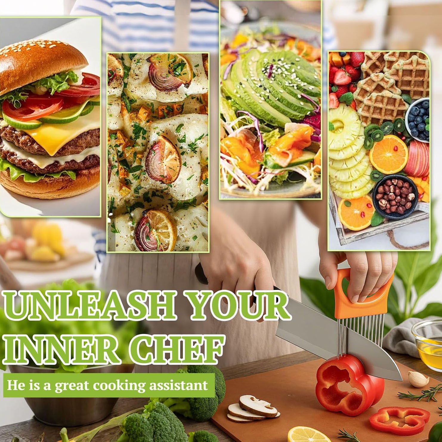 2PCS Stainless Steel Onion Slicer Holder & Vegetable Chopper Cutter Kitchen Tool