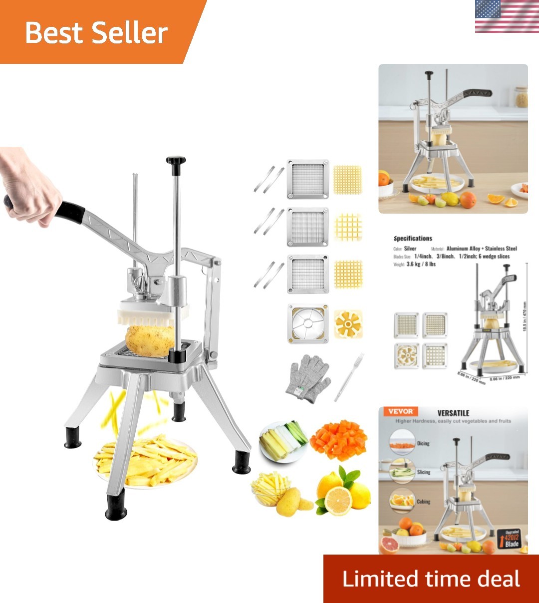Commercial Vegetable Chopper w/ 4 Replacement Blades, Stainless Steel French …