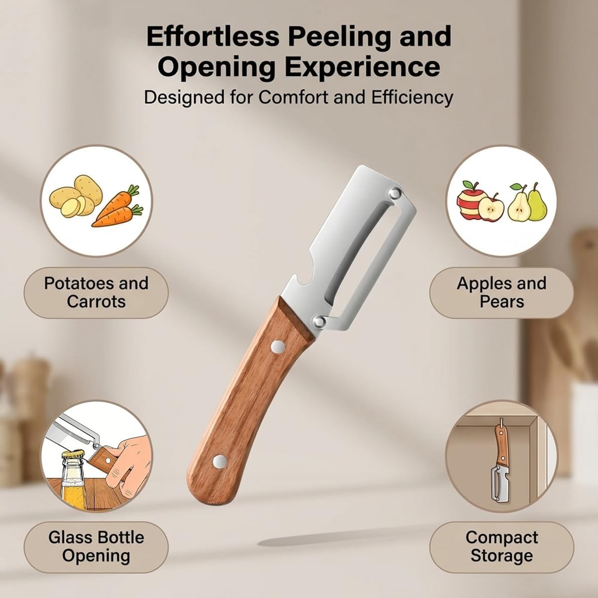 2 Pack 2 in 1 Multi Functional Vegetable Peeler with Bottle Opener and Wooden Ha