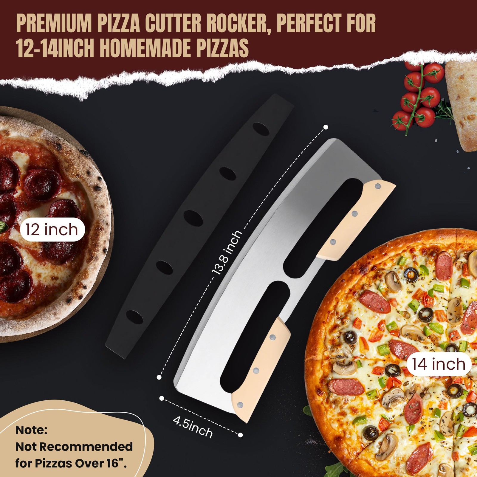 Gicyiit Pizza Cutter Rocker Blade with Wooden Handle, Premium 14inch Pizza