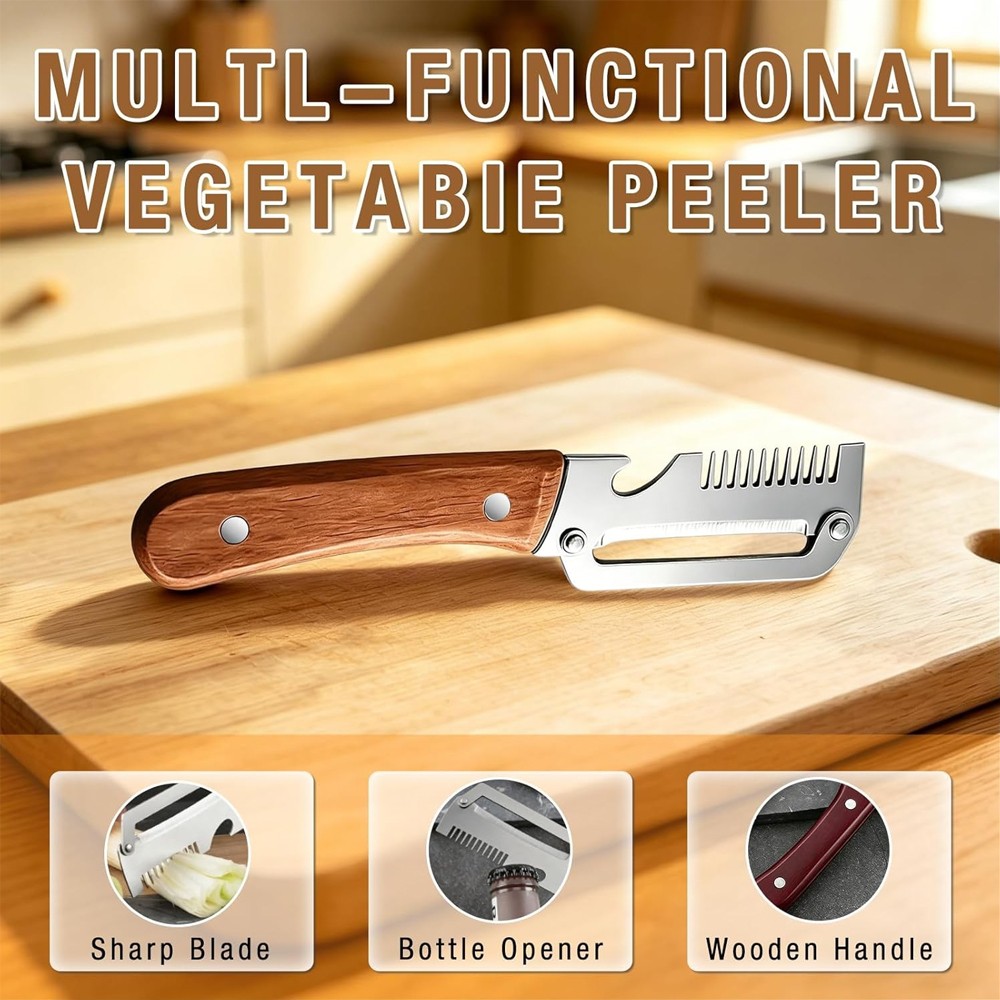2 Pack 3 in 1 Vegetable Peeler with Wooden Handle,Stainless Steel Blade Peeler