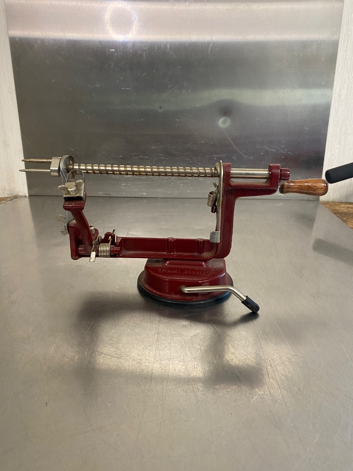 Vintage Red Peel Away Apple Potato Peeler Slicer W/Suction Base