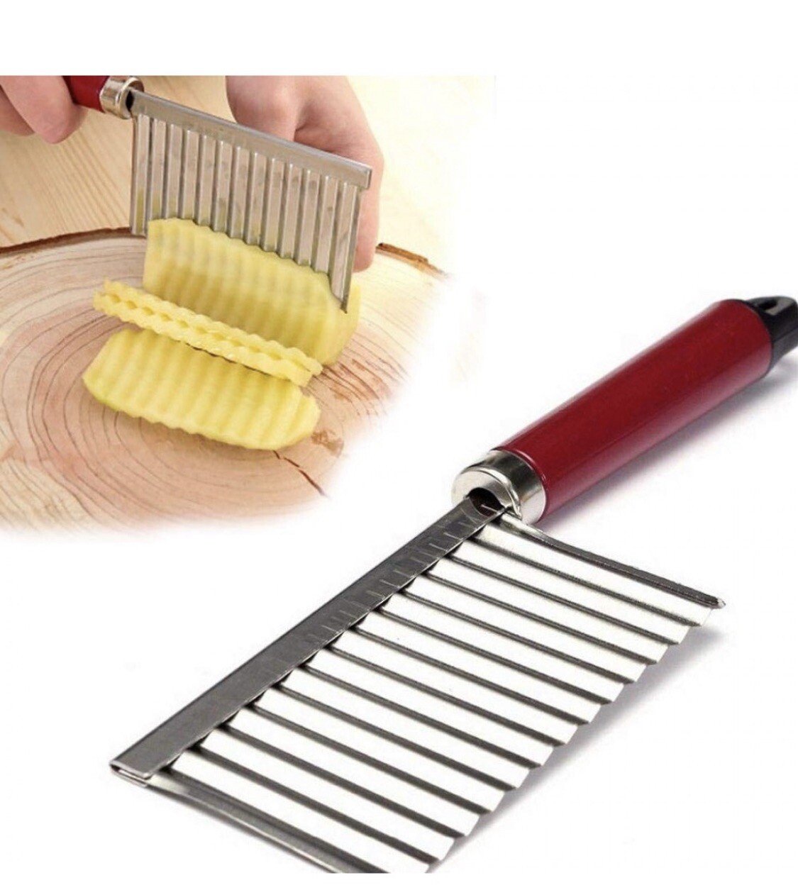 Red Stainless Steel Crinkle Cutter -Wavy French Fry Slicer With Serrated
