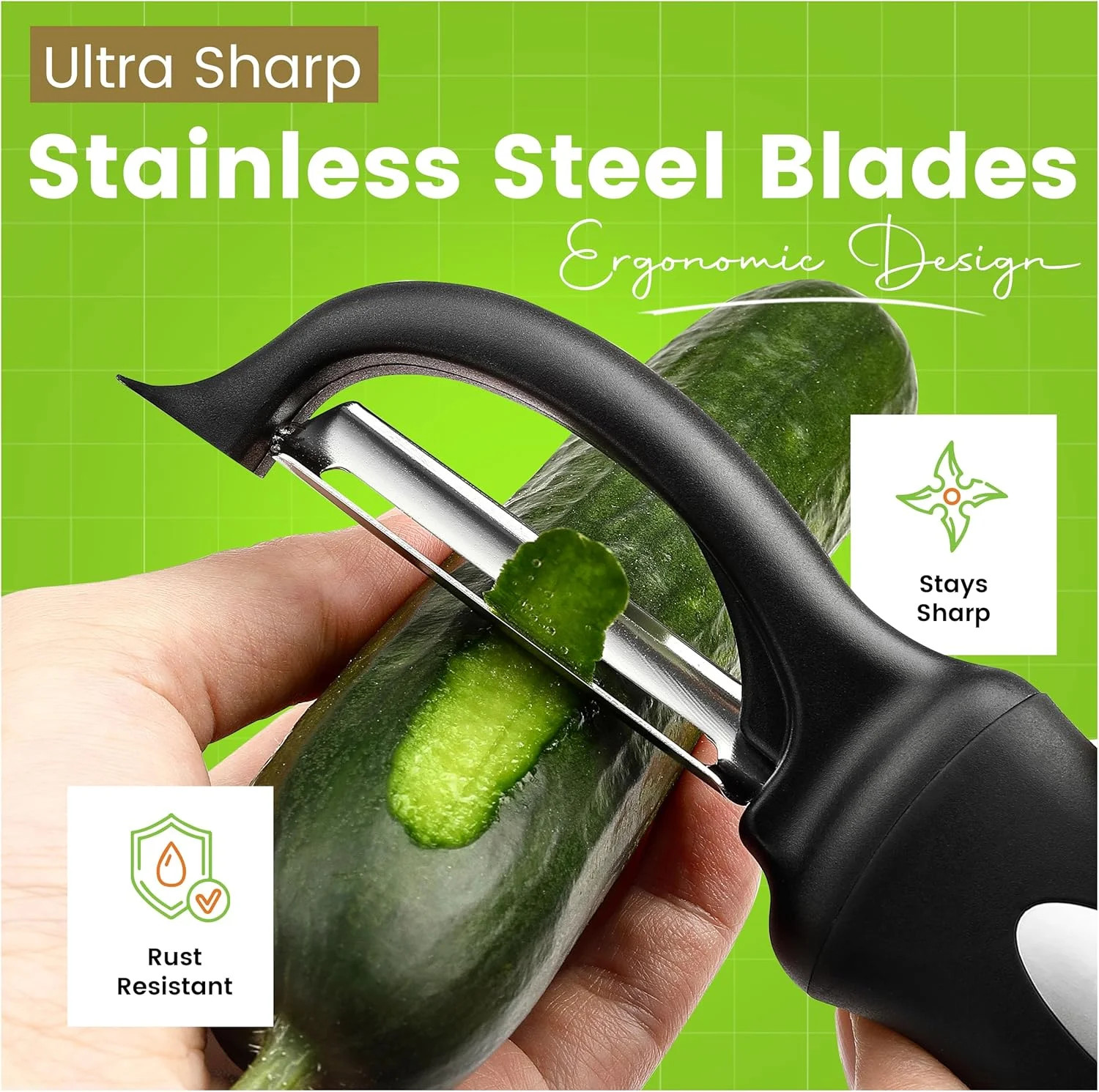Spring Chef Vegetable Peelers for Kitchen – Stainless Steel Swivel, Y & Julienne