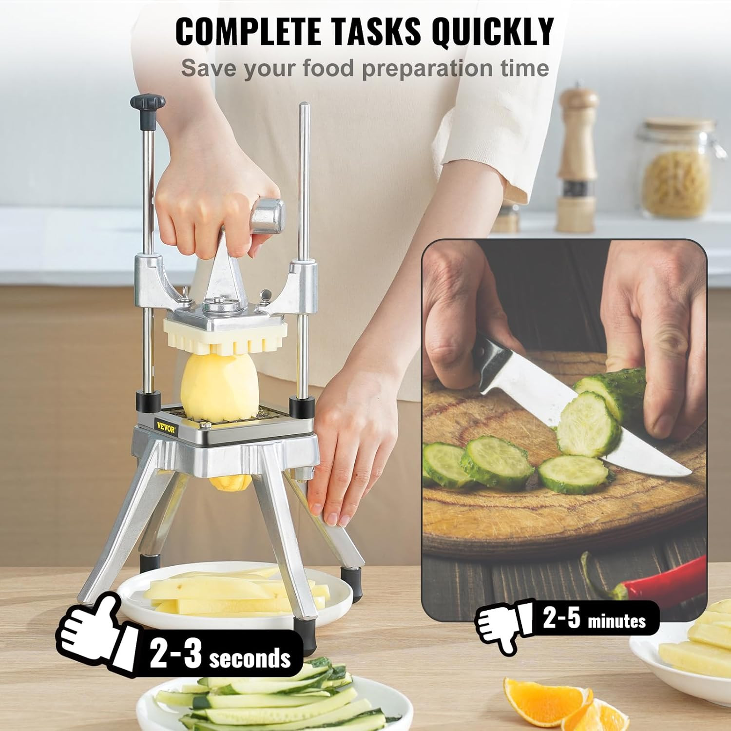 Commercial Vegetable Fruit Chopper, Stainless Steel French Fry Cutter W/ 4 Blade