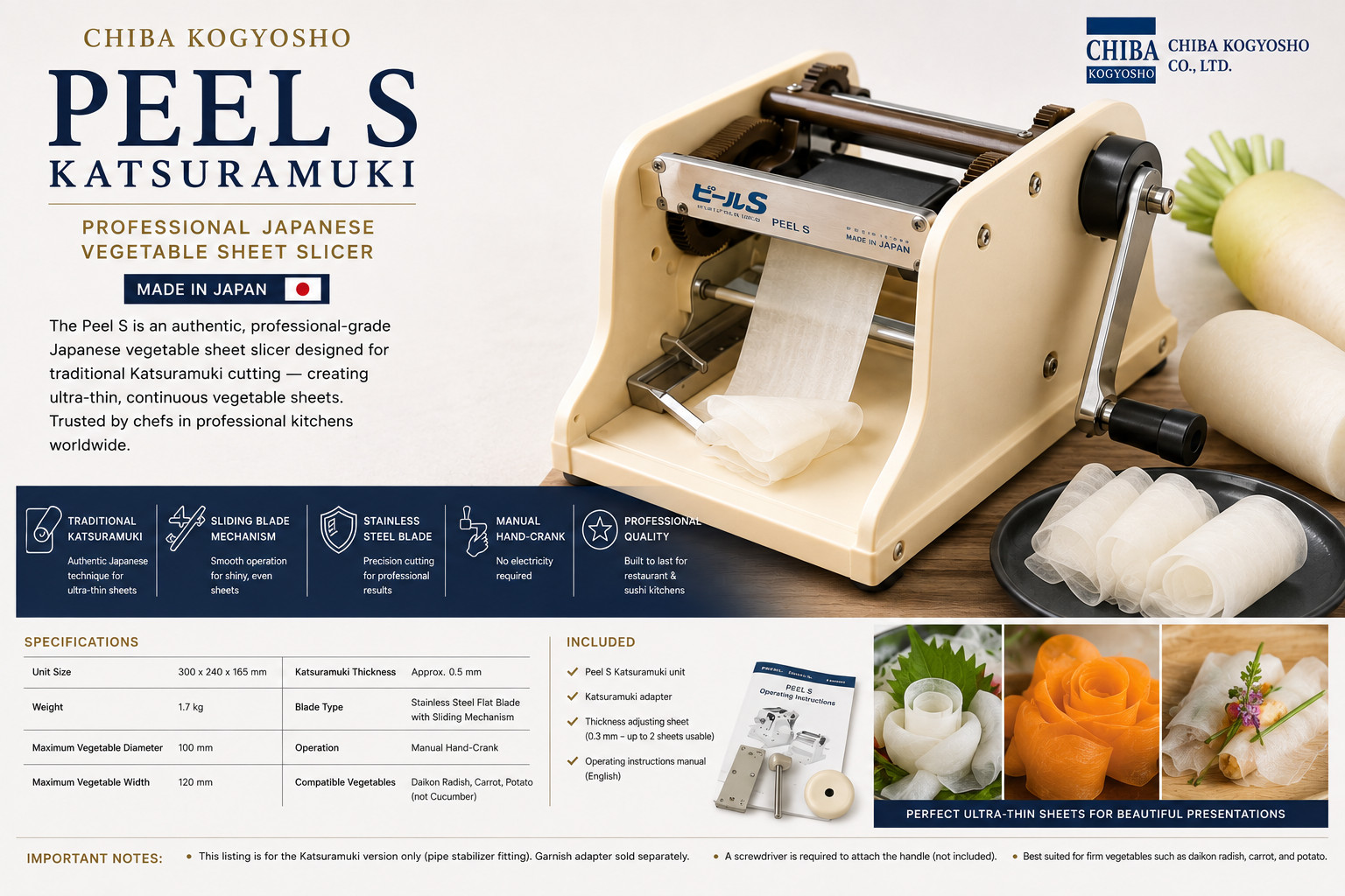 Chiba Kogyosho Peel S Katsuramuki Vegetable Sheet Slicer Made in Japan CKT01