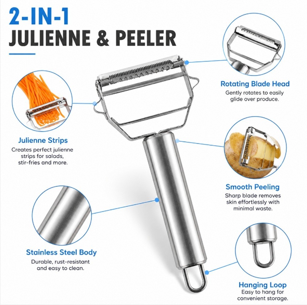 Stainless Steel Dual-Blade Vegetable Peeler & Julienne Slicer for Fruit & Veggie