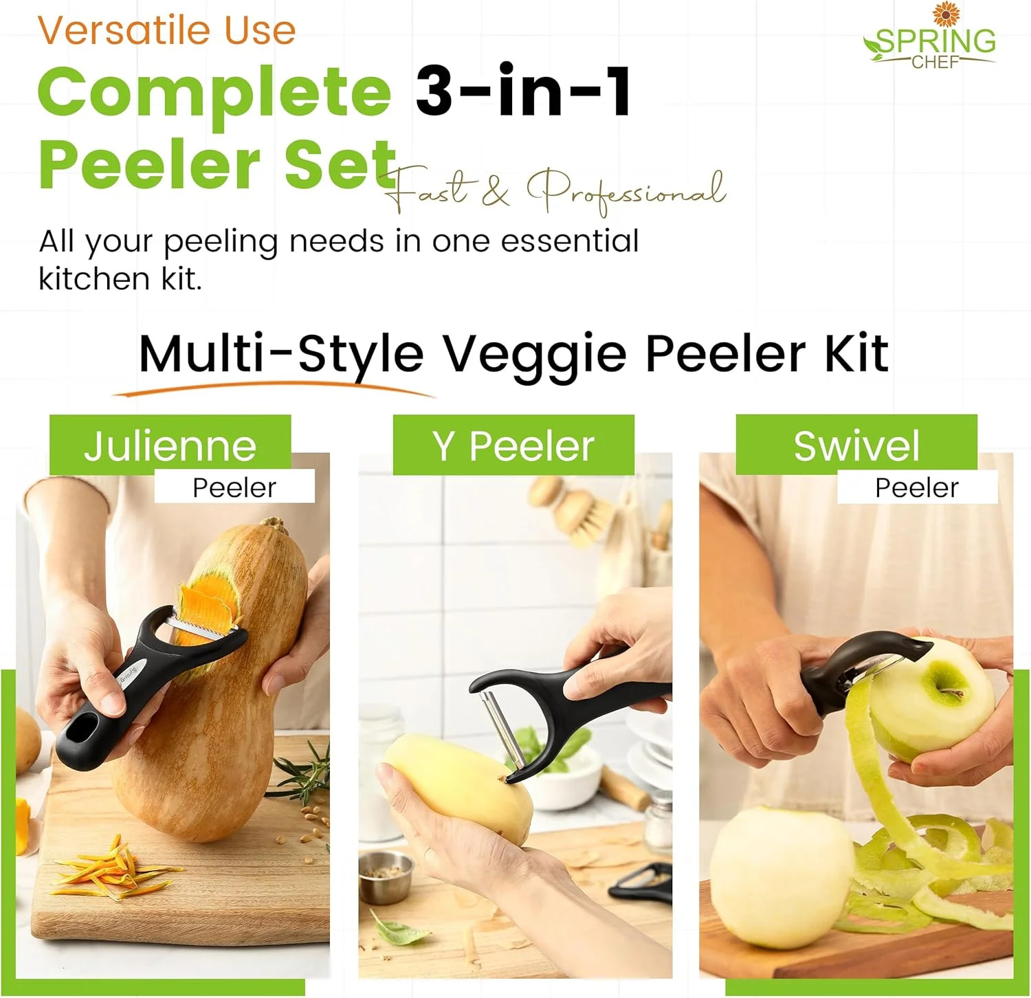 Spring Chef Vegetable Peelers for Kitchen – Stainless Steel Swivel, Y & Julienne