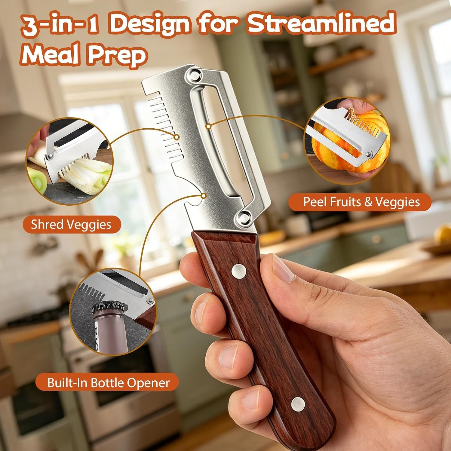 2 PCS 3-in-1 Multifunctional Vegetable Peeler with Wooden Handle,Julienne Slicer