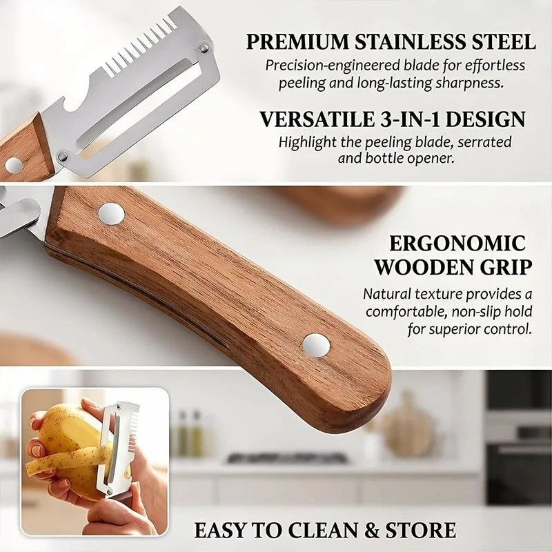 2 PCS 3-in-1 Multifunctional Vegetable Peeler with Wooden HandleJulienne Slicer.