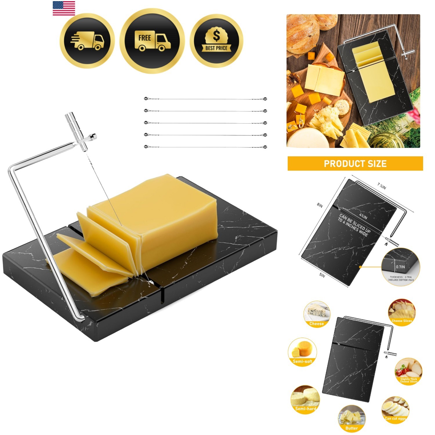 Cheese Slicer Cheese Cutter Marble Board Kitchen Tool with 5 Replacement Wires