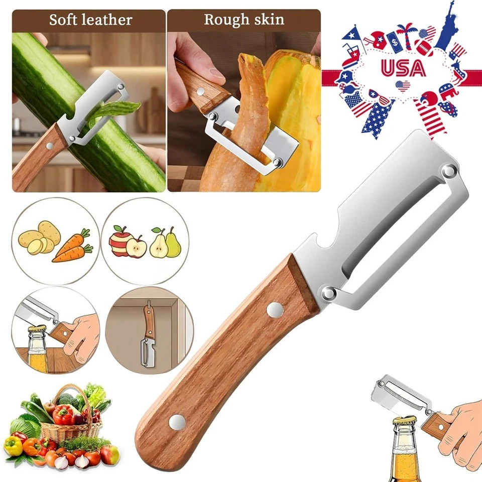 2 Pack 2 in 1 Multi Functional Vegetable Peeler with Bottle Opener and Wooden Ha