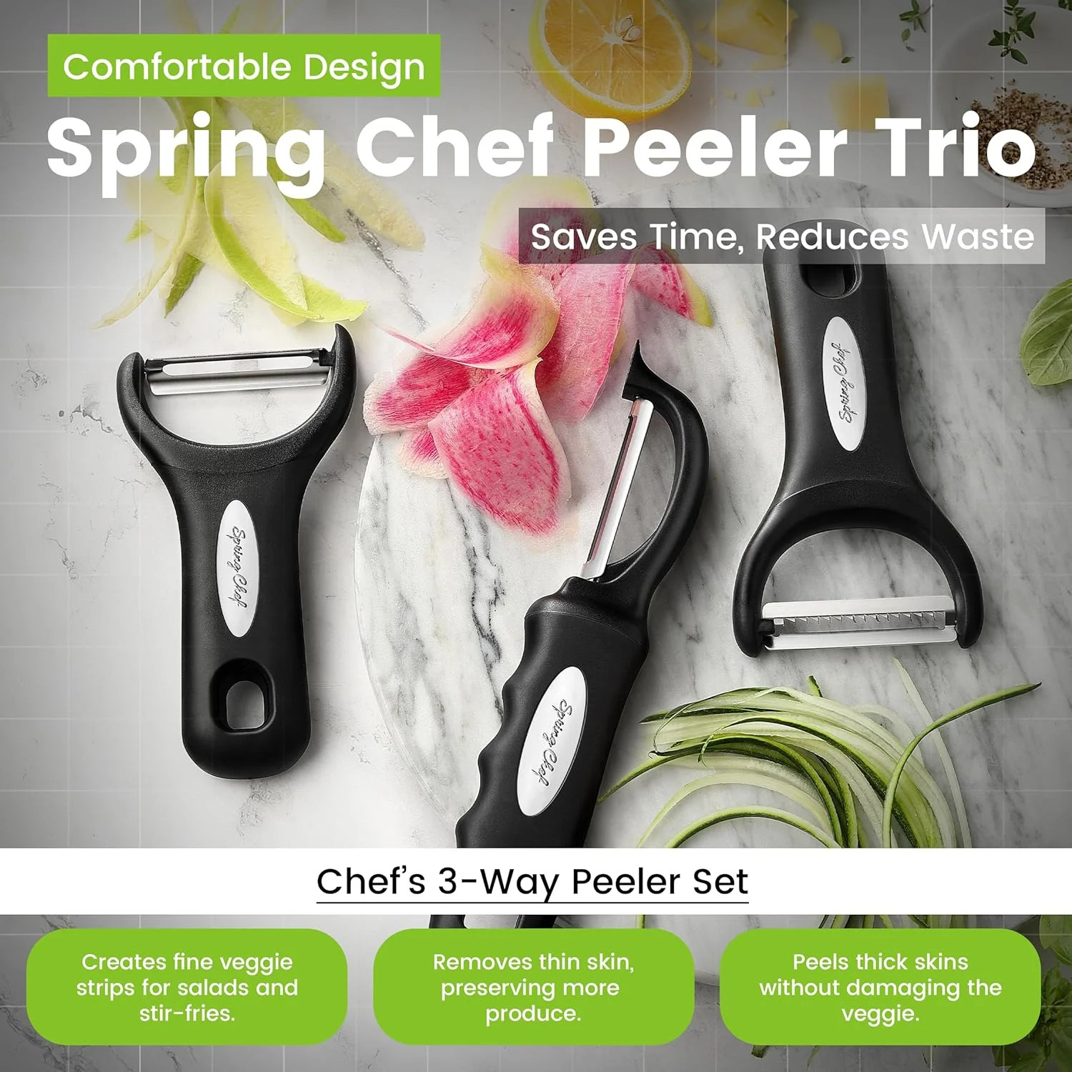 Spring Chef Vegetable Peelers for Kitchen – Stainless Steel Swivel, Y & Julienne