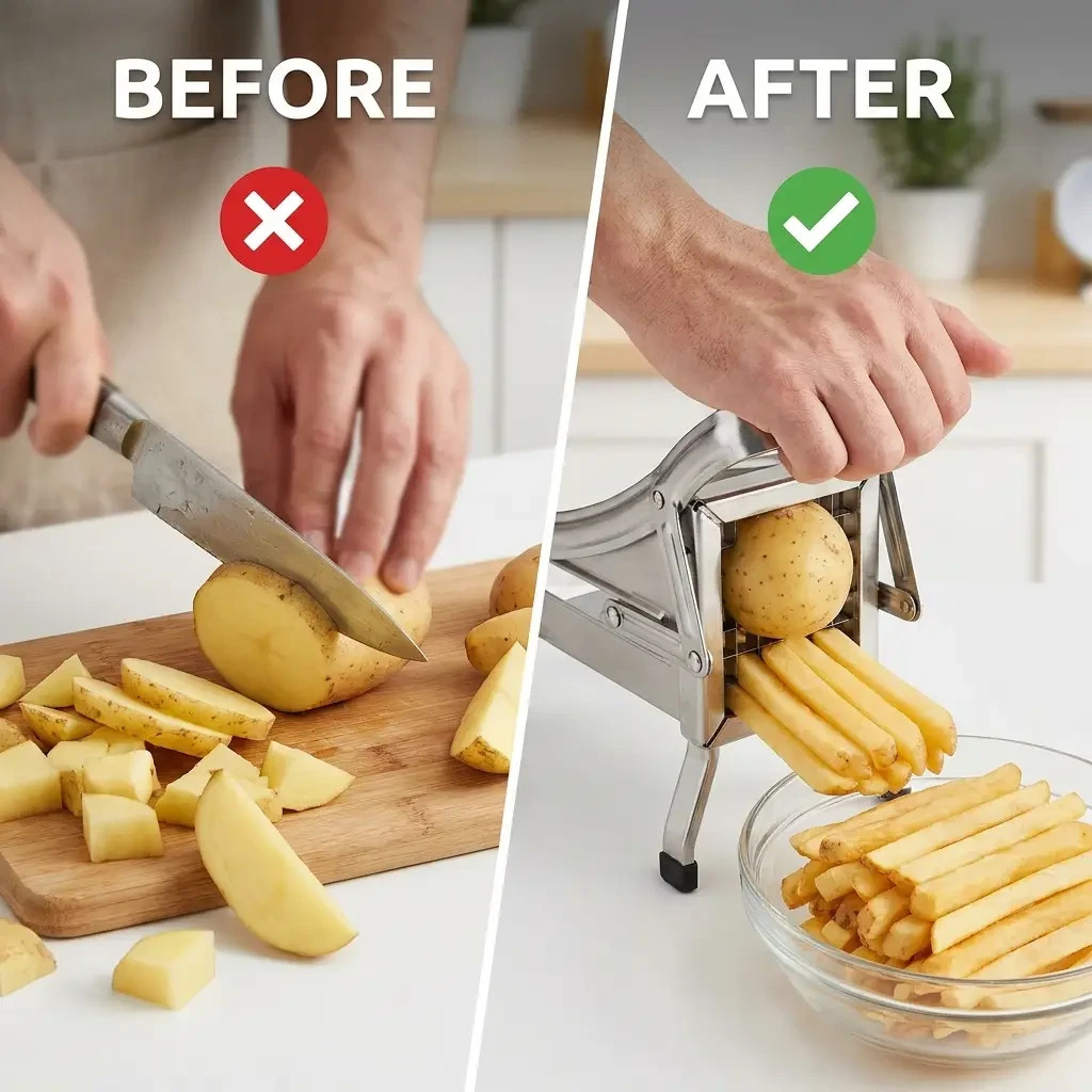 Manual Potato French Fry Cutter Slicer Chopper 2 Blade Sizes Heavy Duty Steel