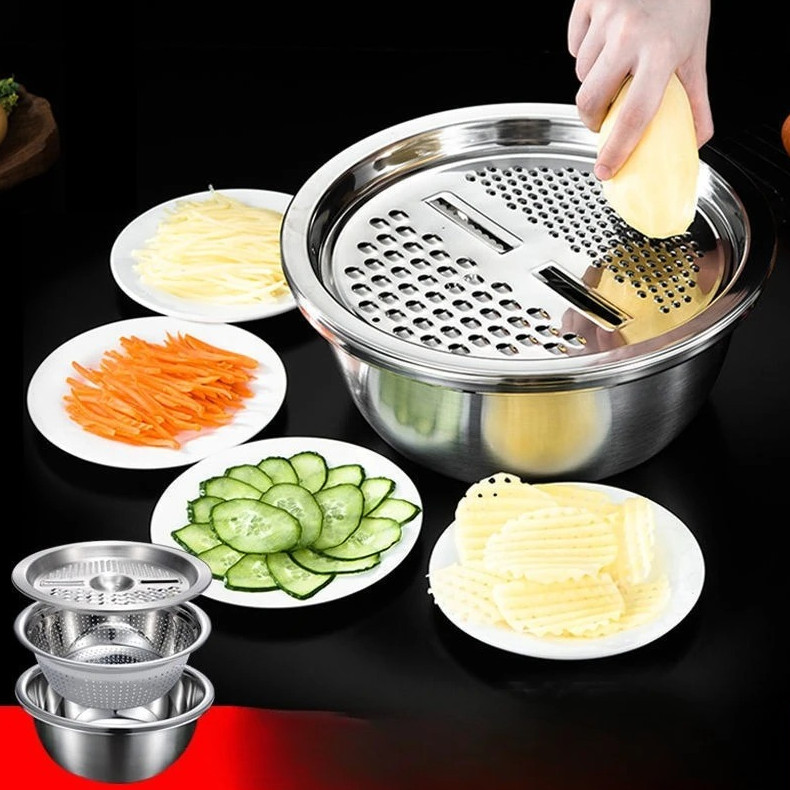 1 set 3pcs Stainless Steel Vegetable Slicer Set with Washing Basin-Drain Basket