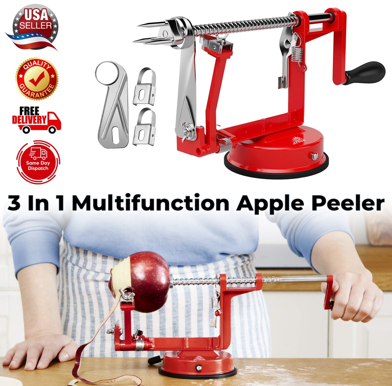 3 in 1 Heavy Duty Fruit Peeler Apple Peeler Corer Slicer Potato w/ Suction Base