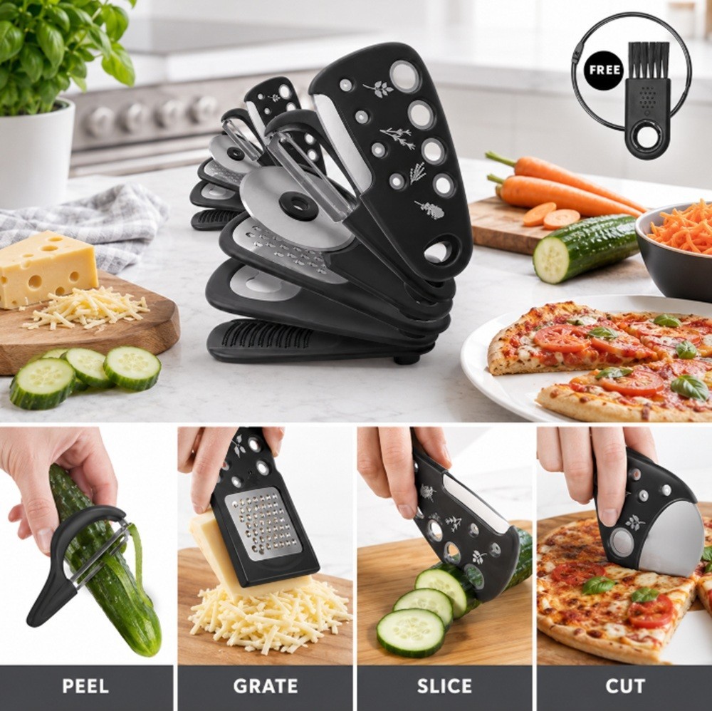 6 Ps Kitchen Gadgets Set, Space-Saving Tool-Cheese Grater, Bottle Opener, Peeler